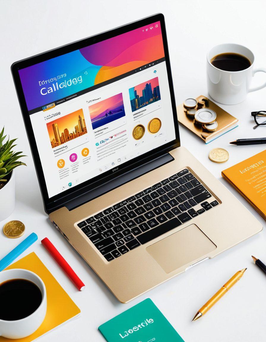 A visual representation of a laptop open to a blog page filled with colorful lifestyle images, surrounded by elements symbolizing success such as gold coins and upward arrows. Include a calculator with lighting numbers indicating LTV calculations, infused with vibrant lifestyle icons like yoga mats and coffee cups, fused with an inspirational atmosphere. vibrant colors. super-realistic. white background.