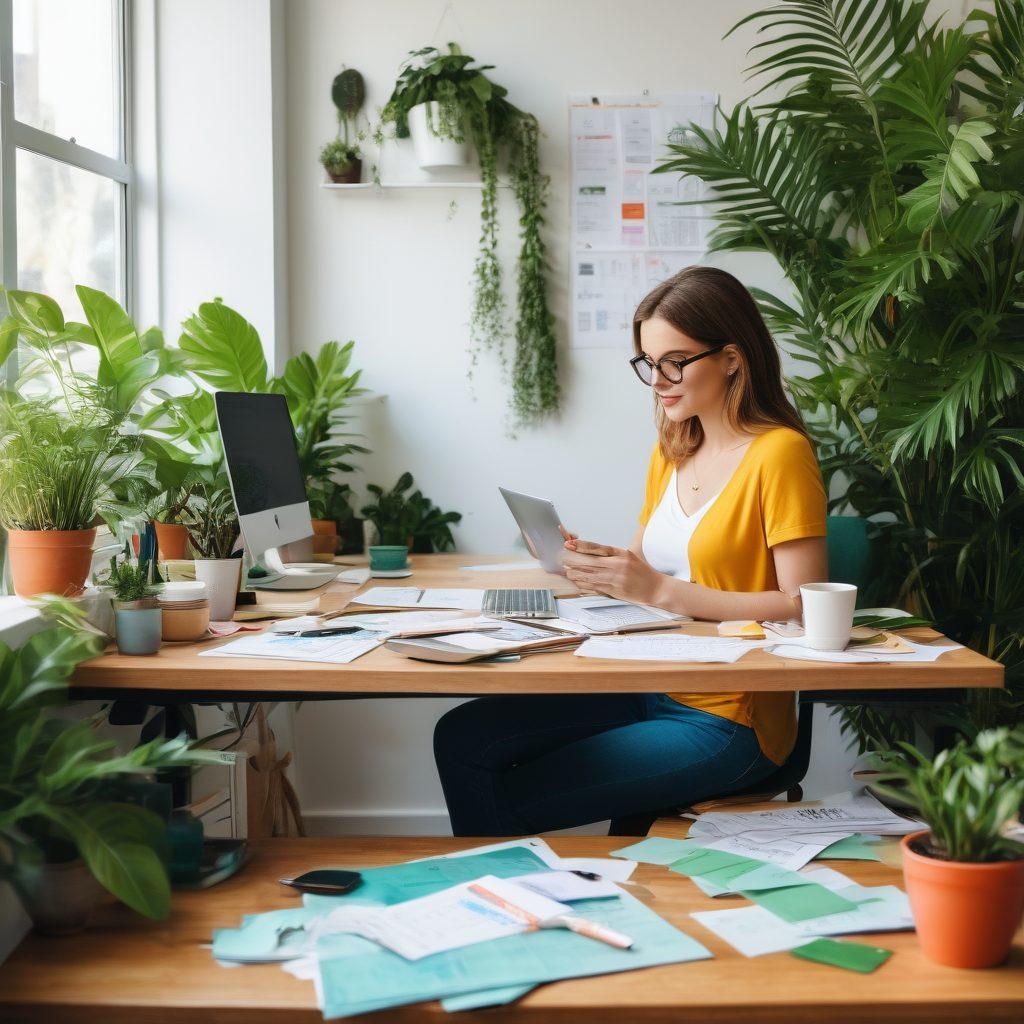 A vibrant, split-scene image showcasing a passionate blogger at a stylish desk with a laptop, surrounded by colorful notes and coffee cups. On one side, show lifestyle elements like travel photos, plants, and relaxation, while the other side has analytical metrics like graphs and calculators. This represents the fusion of passion and profit in blogging. Bright and engaging colors, with a modern, airy aesthetic. super-realistic. vibrant colors.