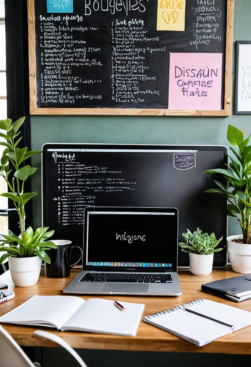 A creative workspace filled with a laptop displaying a blog interface, surrounded by lifestyle items like coffee cups, notebooks, and plants. In the background, a chalkboard with LTV metrics and lifestyle insights scribbled in vibrant colors. An inviting and inspiring atmosphere that signifies the essence of successful blogging. super-realistic. vibrant colors. cozy ambiance.